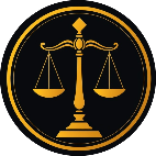 High contrast simple scales of justice icon in a gold circle