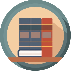 Icon of three thick law books on a bookshelf in a circle.