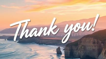 Thank you! in elegant script over a stunning California landscape.