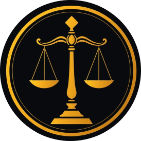 High contrast simple scales of justice icon in a gold circle
